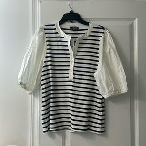 NWT Vintage J.Crew rib top with cotton poplin puff sleeves in stripe, size XL
